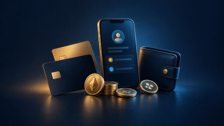 Illustration de cartes de paiement, d’un compte mobile et d’un portefeuille crypto
