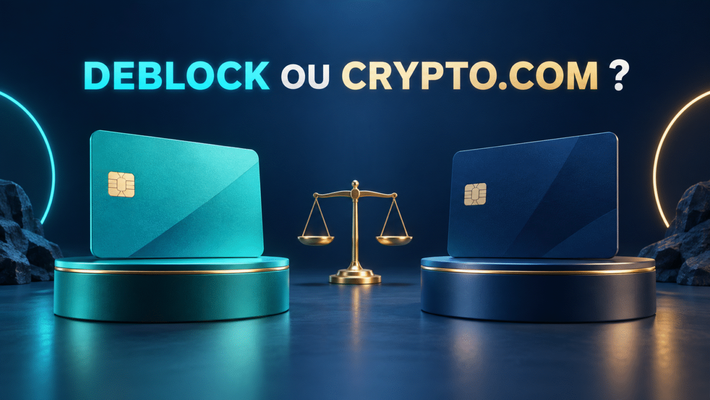 Illustration éditoriale : Deblock ou Crypto.com : quelle carte selon ton usage ?
